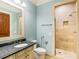 Small bathroom with granite countertop, light blue walls and a walk-in shower at 1513 Jones Rd, Roswell, GA 30075