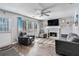 Living room with fireplace, gray couches, and wood flooring at 180 Thatching Ln, Alpharetta, GA 30022