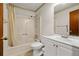 Clean bathroom with a shower/tub combo and white vanity at 2616 Landington Nw Way, Duluth, GA 30096