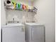 Laundry room with washer, dryer, and overhead shelving at 3547 Valley Bluff Ln, Snellville, GA 30039