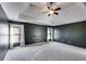 Spacious main bedroom with a tray ceiling, plush carpet, and dark accent wall at 243 Yorkshire Ln, Villa Rica, GA 30180