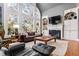 Living room with vaulted ceiling, large windows, a fireplace, built-in shelving, and ample seating at 745 Woodscape Trl, Alpharetta, GA 30022