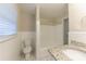 Clean bathroom, bathtub shower combo, granite countertop at 3390 Glenview Sw Cir, Atlanta, GA 30331