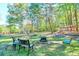 Private backyard with fire pit, seating area, and wooded surroundings at 2230 Old Fountain Rd, Lawrenceville, GA 30043