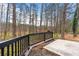 Private backyard patio with wooded views and black railing at 708 Martin Rd, Stone Mountain, GA 30088