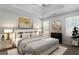 Staged main bedroom with tray ceiling, carpeted floors, and two windows at 2921 Ward Lake Way, Ellenwood, GA 30294