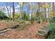 Serene backyard retreat with a bench, landscaping, and mature trees at 7865 Nesbit Ferry Rd, Sandy Springs, GA 30350