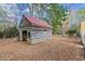 Weathered wooden shed with a red roof in a leafy backyard at 7865 Nesbit Ferry Rd, Sandy Springs, GA 30350