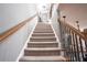 View looking up the carpeted staircase with wooden railing at 4835 Abberley Ln, Alpharetta, GA 30022