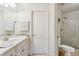 Bathroom with double vanity, white cabinets, and glass-enclosed shower at 2664 River Haven Ct, Lawrenceville, GA 30045