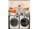 Laundry room with front-loading washer and dryer, shelves, and folding counter at 2137 Belmont Cir, Conyers, GA 30012