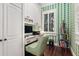 Home office with white cabinets, green wallpaper, desk, and computer at 2111 Cooper Lake Se Rd, Smyrna, GA 30080