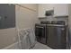 Laundry room with modern, front-loading washer and dryer at 4454 Whistlestop Ln, Douglasville, GA 30135