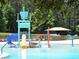 Community pool with water features, a slide, and shaded seating at 14 Duval Ct, Villa Rica, GA 30180