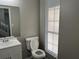The bathroom is simple and functional with updated white cabinetry at 1654 Tree Line Rd, Lithonia, GA 30058
