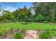 Serene backyard with lush greenery, stone pathway, and meticulously maintained lawn at 6206 Zell Miller Nw Path, Acworth, GA 30101