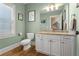 Powder room with granite countertop, white cabinets, and a green accent wall at 192 Chicopee Ne Dr, Marietta, GA 30060