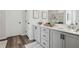 Elegant bathroom with gray cabinets, quartz countertops, and modern fixtures at 316 Rodeo Dr, Auburn, GA 30011