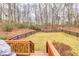 Fenced backyard accessed from deck, wooded backdrop at 484 Coolsprings Trl, Woodstock, GA 30188