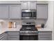 Modern kitchen with gray cabinets, stainless steel appliances, and white backsplash at 3112 Spicy Cedar Ln, Lithonia, GA 30038