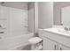 Clean bathroom, featuring a shower/tub combo and vanity at 5599 Hislop Ln # 78, Mableton, GA 30126