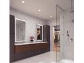 Spa-like bathroom with double vanity, marble walls, and frameless shower at 318 Sandy Springs Cir # 160, Atlanta, GA 30328