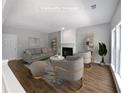 Virtually staged living room with fireplace and hardwood floors at 5000 Foxberry Ln, Roswell, GA 30075