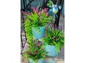 Three-tiered metal planters with lush greenery and purple flowers at 3242 Bonway Dr, Decatur, GA 30032