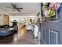 Open concept living area with hardwood floors and modern kitchen at 386 Black Oak Ct, Lawrenceville, GA 30046