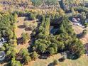 Aerial view showcasing a private pond surrounded by trees and open space at 4409 Shiloh Rd, Loganville, GA 30052