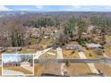 Aerial view of a neighborhood with a highlighted house at 1283 Woodleigh Sw Rd, Marietta, GA 30008