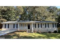 Ranch style home with light beige siding, a covered porch, and landscaping at 3869 Rosedale Ln, Douglasville, GA 30135