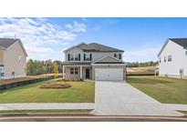 Two-story home with gray siding, brick accents, and a two-car garage at 95 Weymouth Dr, Locust Grove, GA 30248