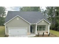 Newly constructed home with gray siding, a two-car garage, and landscaping at 5295 Greenway Dr, Villa Rica, GA 30180