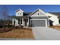 Gray siding two-story house with a two-car garage and landscaping at 231 Strawberry Ln, Woodstock, GA 30189