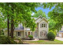 Two-story house with gray siding, gray shutters, and a landscaped yard at 118 Planterra Way, Peachtree City, GA 30269