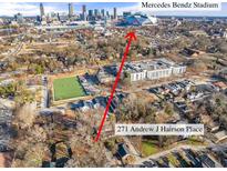 Aerial view showing home location near Mercedes Benz Stadium at 271 Andrew Hairston Nw, Atlanta, GA 30314