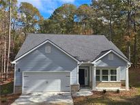 New single-story home with gray siding, white garage door, and landscaping at 3233 Greenhill Dr, Villa Rica, GA 30180