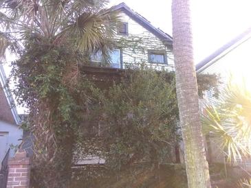 Older home with overgrown vegetation, needing significant exterior repairs at 5 President Pl, Charleston, SC 29403
