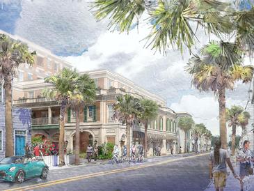 Quaint street scene with palm trees, shops, and a historic building at 609 King St # 334, Charleston, SC 29403