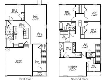 Two-story house floor plan featuring five bedrooms, three bathrooms, and a two-car garage at 630 Sweet Ramble Way, Summerville, SC 29486
