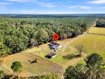 Aerial view of a house and additional building on a large lot with lush green surroundings at 1344 Hard Pinch Rd, Moncks Corner, SC 29461