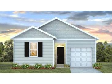 Charming one-story home with gray siding, black shutters, and a two-car garage at 141 River Hill Rd, Goose Creek, SC 29445