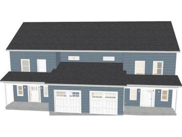 Front exterior view of a modern duplex with blue siding and white garage doors at 9 Wilderness Trl # A, North Charleston, SC 29418