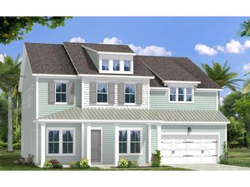 Two-story light green house with gray roof, white garage door, and landscaping at 9236 Blue Jay Ln, Awendaw, SC 29429
