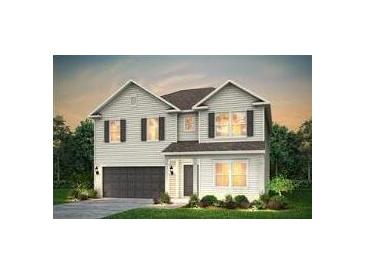 Two-story house with light beige siding, dark brown accents, and a two-car garage at 107 Royal Cainhoy Way, Huger, SC 29450