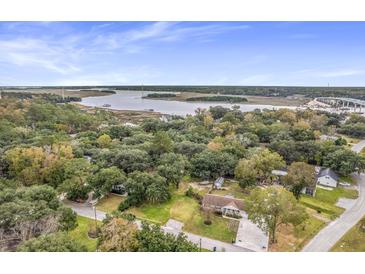 Aerial view of waterfront property with lush trees and a home at 3591 Bayou Rd, Johns Island, SC 29455