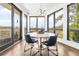 Dining area with round table, blue chairs, and scenic views through large windows at 191 Harbour Watch Way, Mount Pleasant, SC 29464