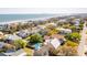 Aerial view of coastal neighborhood, showcasing a home with private pool near the beach at 512 Carolina Blvd, Isle of Palms, SC 29451