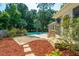 Landscaped backyard with brick patio and pool at 181 Pekoe Ct, Summerville, SC 29483